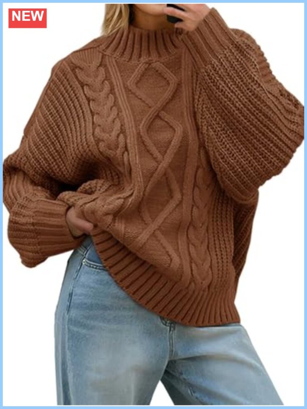 Oversized Cable Knit Turtleneck Button Pullover Sweater